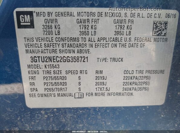 3GTU2NEC2GG358721 2016 GMC SIERRA Blue Vista del compartimento del motor