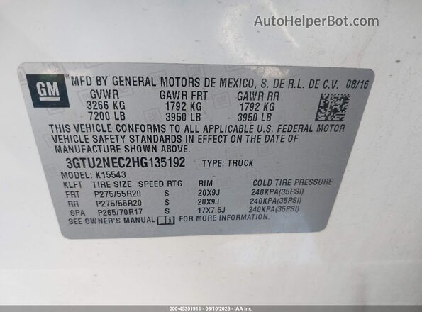 3GTU2NEC2HG135192 2017 GMC SIERRA White Vista del compartimento del motor