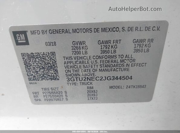 3GTU2NEC2JG344504 2018 GMC SIERRA White ძრავის განყოფილების ხედი