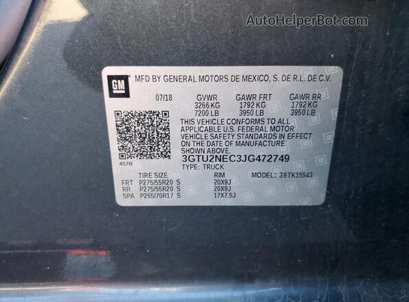 3GTU2NEC3JG472749 2018 GMC SIERRA Gray 