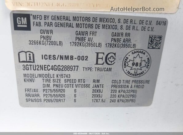 3GTU2NEC4GG288977 2016 GMC SIERRA White ძრავის განყოფილების ხედი