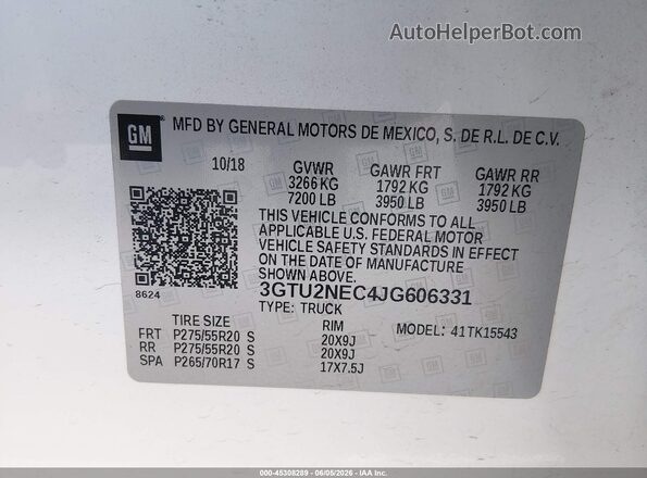3GTU2NEC4JG606331 2018 GMC SIERRA White Շարժիչի բաժամունքի տեսք