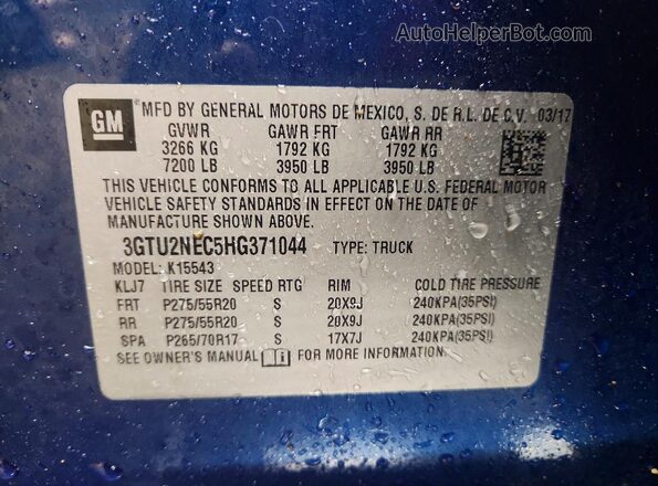 3GTU2NEC5HG371044 2017 GMC SIERRA Blue ძრავის განყოფილების ხედი