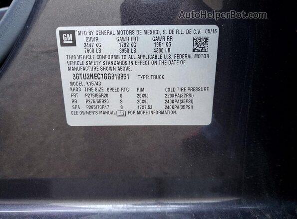 3GTU2NEC7GG319851 2016 GMC SIERRA Серый 