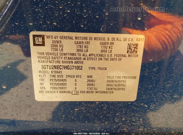 3GTU2NEC7HG371062 2017 GMC SIERRA Blue Շարժիչի բաժամունքի տեսք