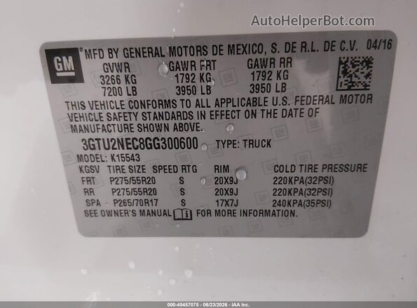 3GTU2NEC8GG300600 2016 GMC SIERRA White Вид підкапотного простору