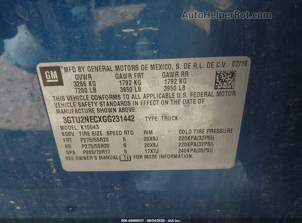 3GTU2NECXGG231442 2016 GMC SIERRA Blue Widok komory silnika