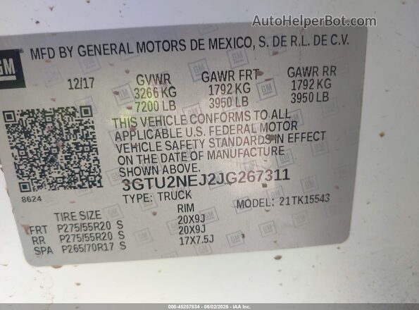 3GTU2NEJ2JG267311 2018 GMC SIERRA White Вид підкапотного простору