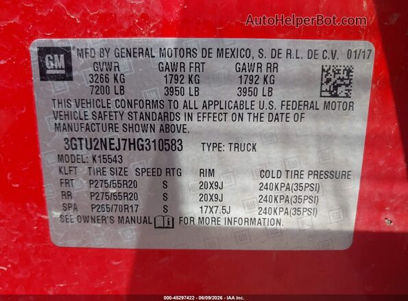 3GTU2NEJ7HG310583 2017 GMC SIERRA Red Շարժիչի բաժամունքի տեսք