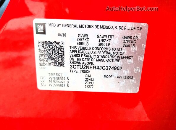 3GTU2NER4JG374902 2018 GMC SIERRA Red 