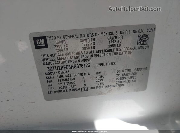 3GTU2PEC3HG376125 2017 GMC SIERRA White ძრავის განყოფილების ხედი