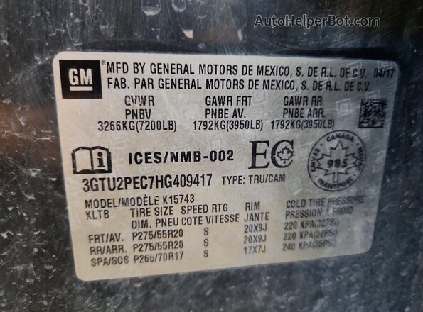 3GTU2PEC7HG409417 2017 GMC SIERRA Gray VIN կոդի պիտակի տեսք