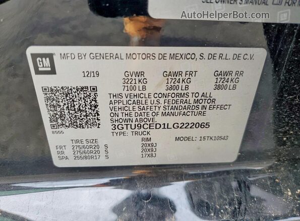 3GTU9CED1LG222065 2020 GMC SIERRA Black VIN կոդի պիտակի տեսք