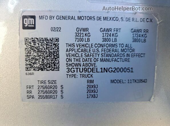 3GTU9DEL1NG200051 2022 GMC SIERRA Silver VIN sticker view