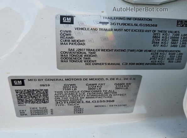 3GTU9DEL5LG155368 2020 GMC SIERRA White 