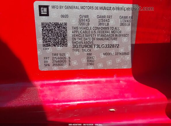 3GTU9DET3LG332872 2020 GMC SIERRA Red Engine compartment view