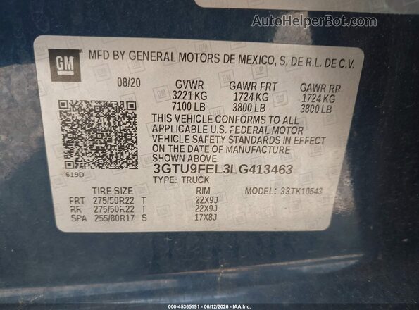 3GTU9FEL3LG413463 2020 GMC SIERRA Blue Widok komory silnika