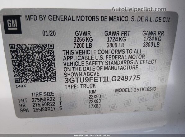 3GTU9FET1LG249775 2020 GMC SIERRA White Вид підкапотного простору
