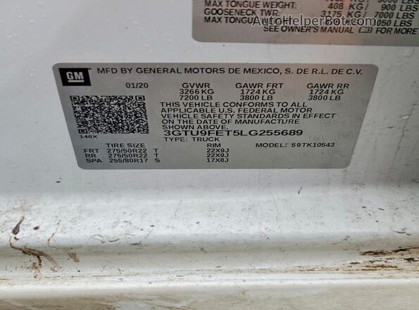 3GTU9FET5LG255689 2020 GMC SIERRA White 