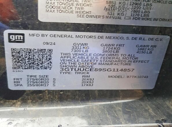 3GTUUCE89SG114857 2025 GMC SIERRA Black VIN კოდის სტიკერის ხედი