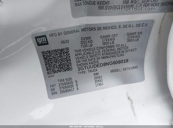 3GTUUDED8NG608019 2022 GMC SIERRA White Engine compartment view
