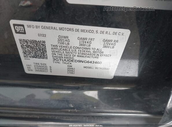 3GTUUDED9NG643460 2022 GMC SIERRA Black Vista del compartimento del motor