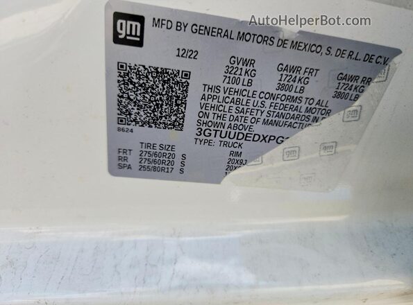 3GTUUDEDXPG176830 2023 GMC SIERRA White Vista de la etiqueta del VIN
