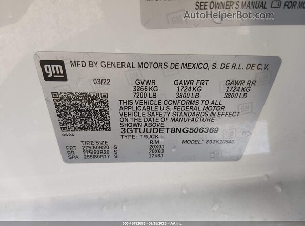 3GTUUDET8NG506369 2022 GMC SIERRA Белый Вид подкапотного пространства