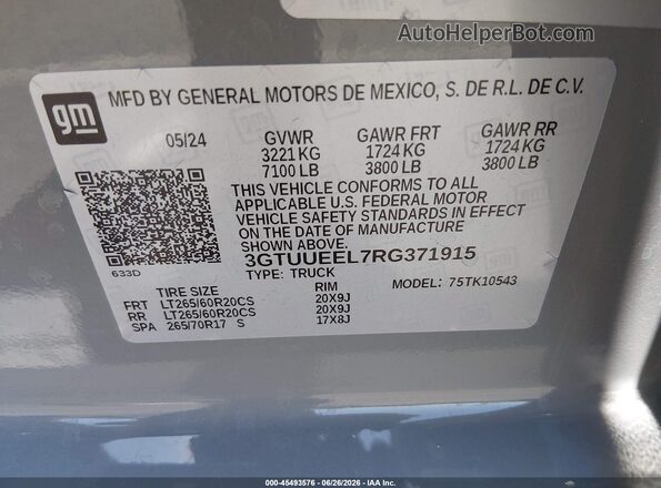 3GTUUEEL7RG371915 2024 GMC SIERRA Gray Engine compartment view