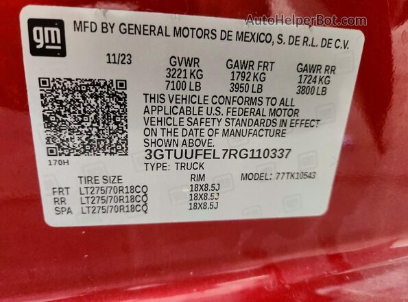 3GTUUFEL7RG110337 2024 GMC SIERRA Maroon VIN sticker view