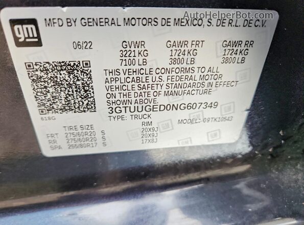 3GTUUGED0NG607349 2022 GMC SIERRA Черный 