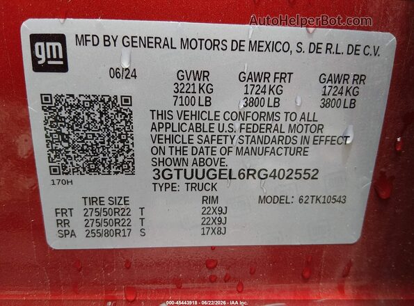 3GTUUGEL6RG402552 2024 GMC SIERRA Red Շարժիչի բաժամունքի տեսք