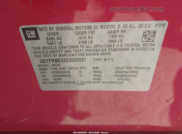 3GYFNBE32GS582691 2016 CADILLAC SRX Burgundy Շարժիչի բաժամունքի տեսք