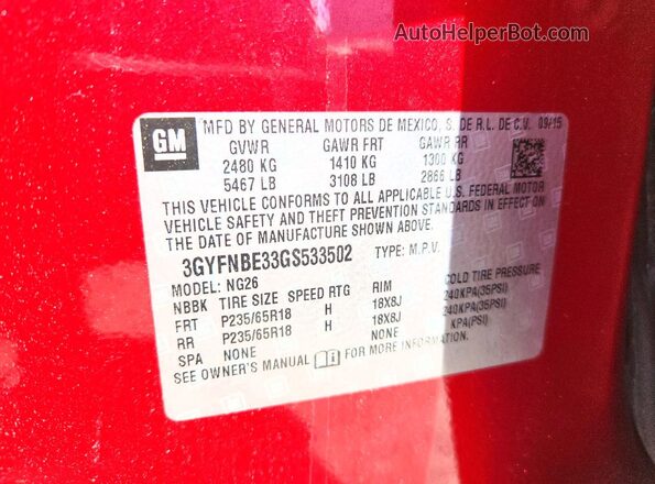3GYFNBE33GS533502 2016 CADILLAC SRX Red Vista de la etiqueta del VIN