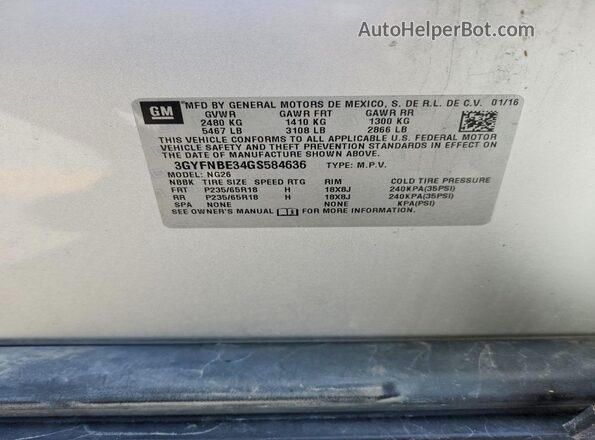 3GYFNBE34GS584636 2016 CADILLAC SRX Silver VIN sticker view