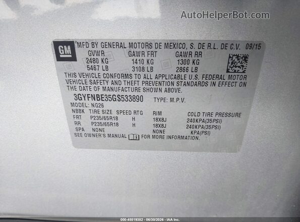 3GYFNBE35GS533890 2016 CADILLAC SRX Silver Vista del compartimento del motor