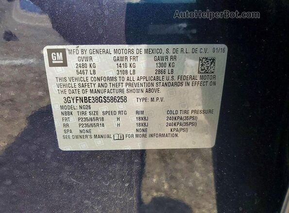 3GYFNBE38GS586258 2016 CADILLAC SRX Blue Widok naklejki z numerem VIN