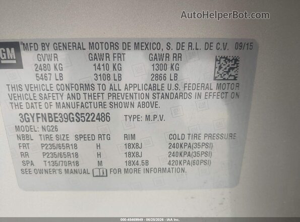 3GYFNBE39GS522486 2016 CADILLAC SRX Gold ძრავის განყოფილების ხედი