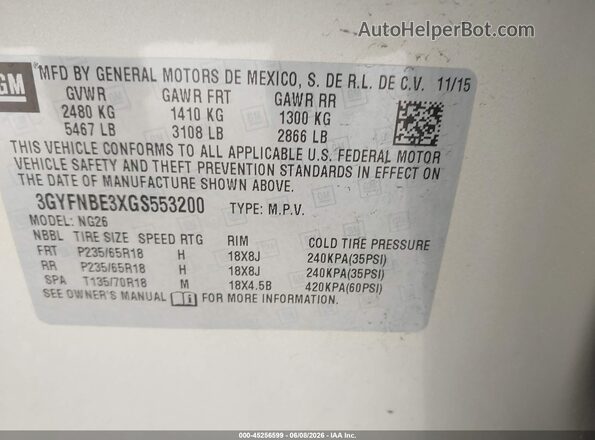3GYFNBE3XGS553200 2016 CADILLAC SRX Tan Вид підкапотного простору