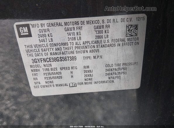 3GYFNCE38GS567389 2016 CADILLAC SRX Gray 