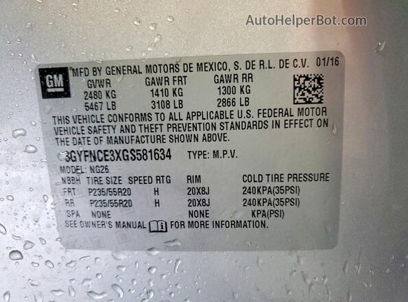 3GYFNCE3XGS581634 2016 CADILLAC SRX Silver Vista interior de 360 grados