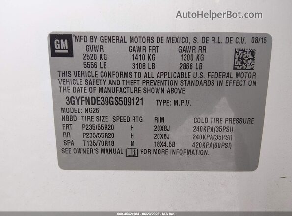 3GYFNDE39GS509121 2016 CADILLAC SRX White ძრავის განყოფილების ხედი