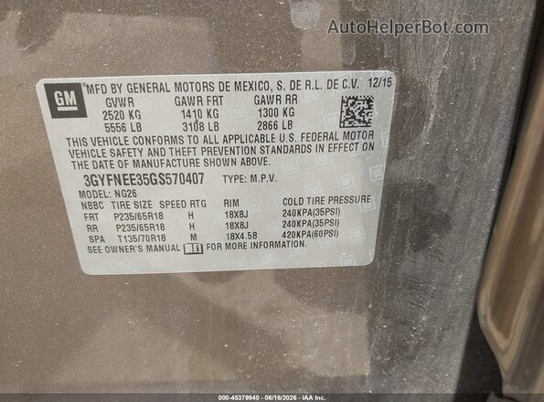 3GYFNEE35GS570407 2016 CADILLAC SRX Gray ძრავის განყოფილების ხედი