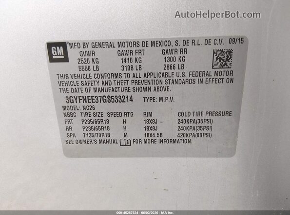 3GYFNEE37GS533214 2016 CADILLAC SRX Silver Engine compartment view