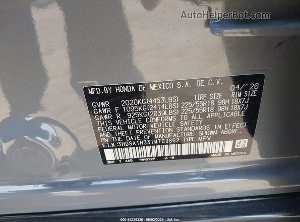 3HDSA1H33TM703862 2026 ACURA ADX Gray Engine compartment view