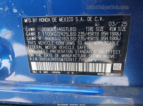 3HDSA2H55SM703917 2025 ACURA ADX Blue ძრავის განყოფილების ხედი