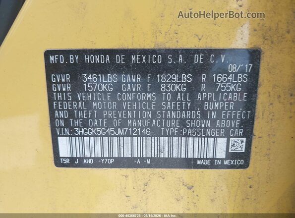 3HGGK5G45JM712146 2018 HONDA FIT Yellow ძრავის განყოფილების ხედი