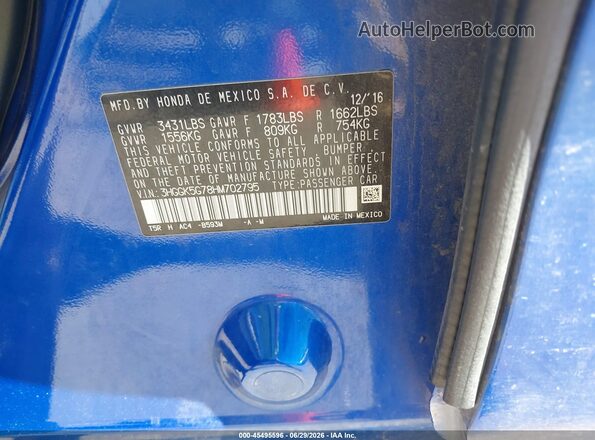 3HGGK5G78HM702795 2017 HONDA FIT Blue Вид наклейки з VIN-кодом
