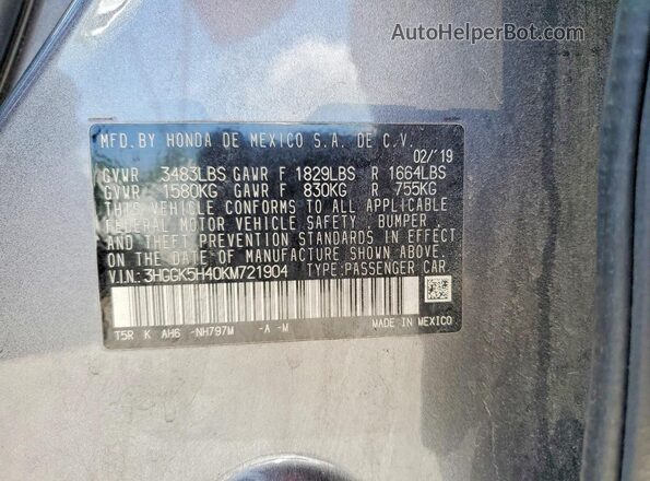 3HGGK5H40KM721904 2019 HONDA FIT Серый 