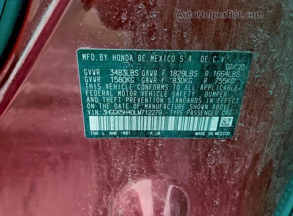 3HGGK5H40LM712279 2020 HONDA FIT Red Vista del compartimento del motor